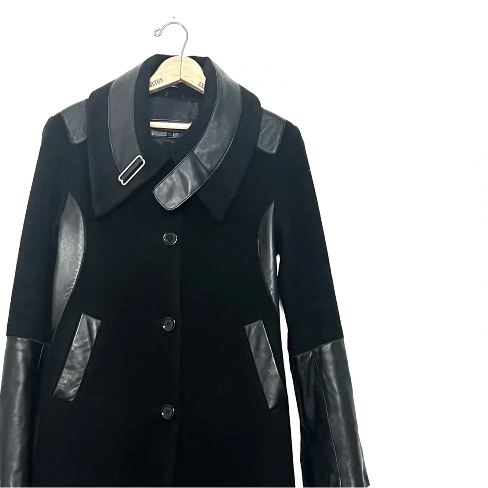 RUDSAK Black Wool Trench Coat with Leather Trim - Picture 3 of 6